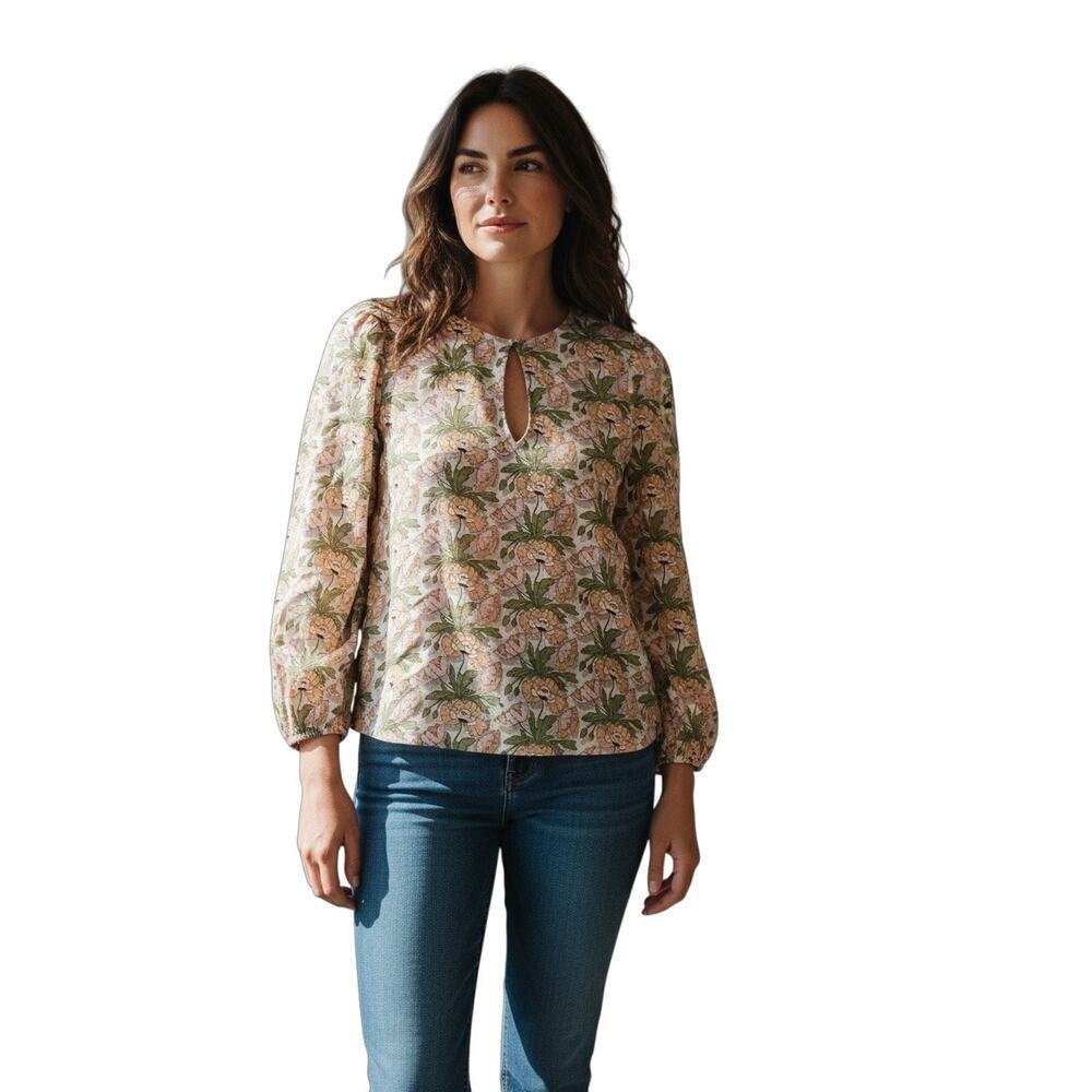 J.Crew Liberty Floral Cotton Blouse Pink Orange Green Long Sleeve Keyhole XXS